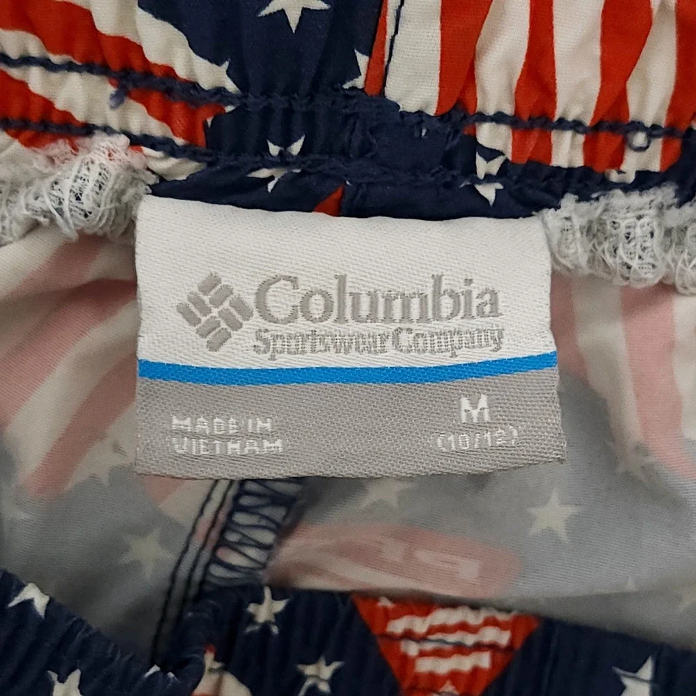 Columbia PFG Nylon Shorts Youth Medium 10/12 Blue Red White Stars Fish Patriotic